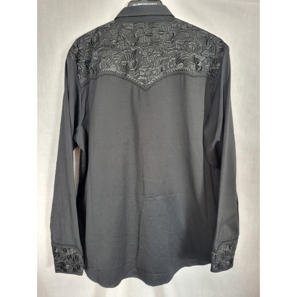 SCULLY XL Black Western Shirt Heavy Black Embroidered Floral Pearl Snaps Rodeo - Picture 5 of 7